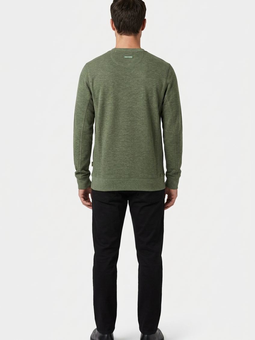 Vurden Dark Green sweater on model, back view