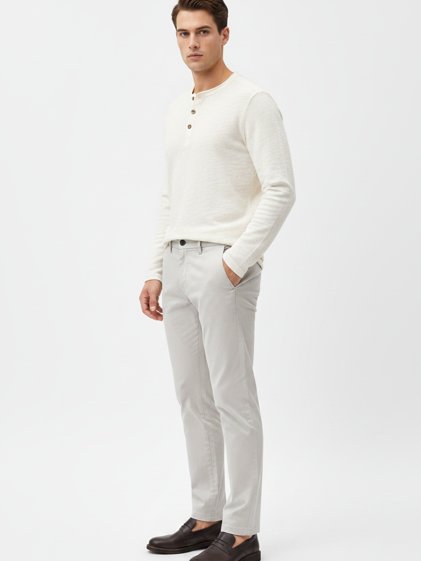Wam Denim Jorell Light Grey Chino – side view showing tapered leg silhouette on model