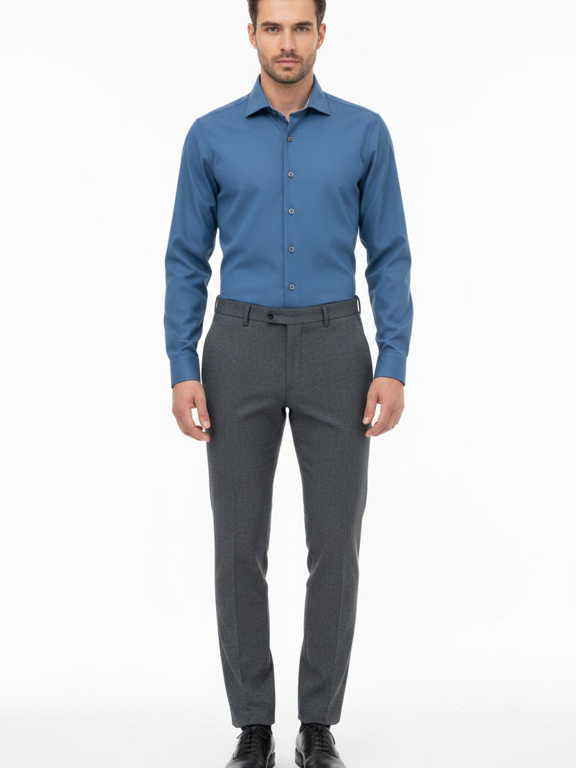 Wam Denim Vuric Petrol Long Sleeve Shirt – model front view, tucked in