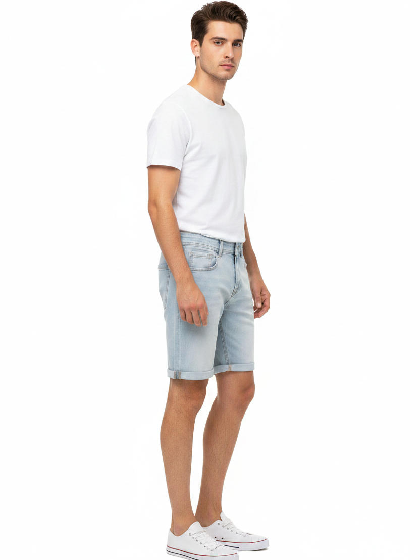 Side profile - Yevan Light Blue Denim Shorts on model