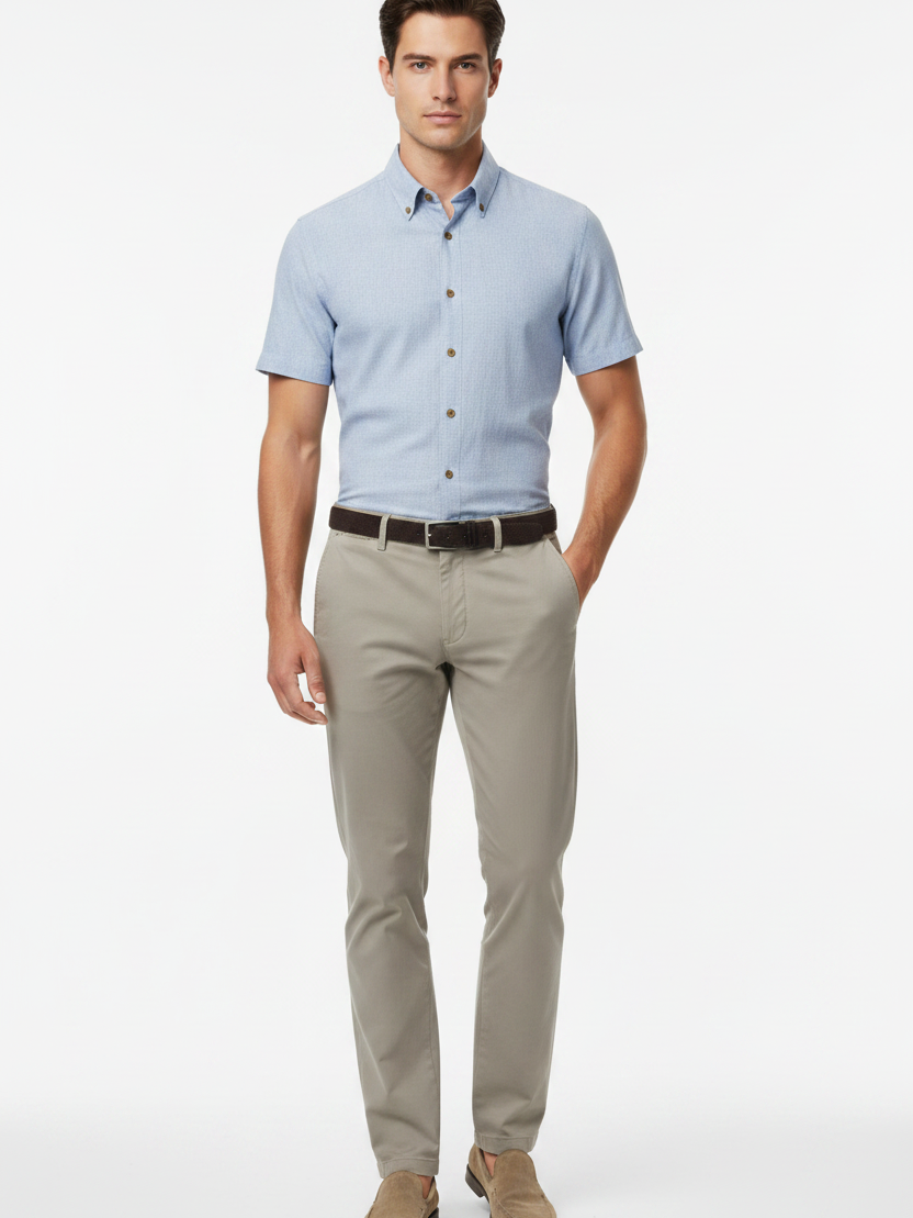 Wam Denim Quarn Blue Short Sleeve Shirt – model front view, tucked in