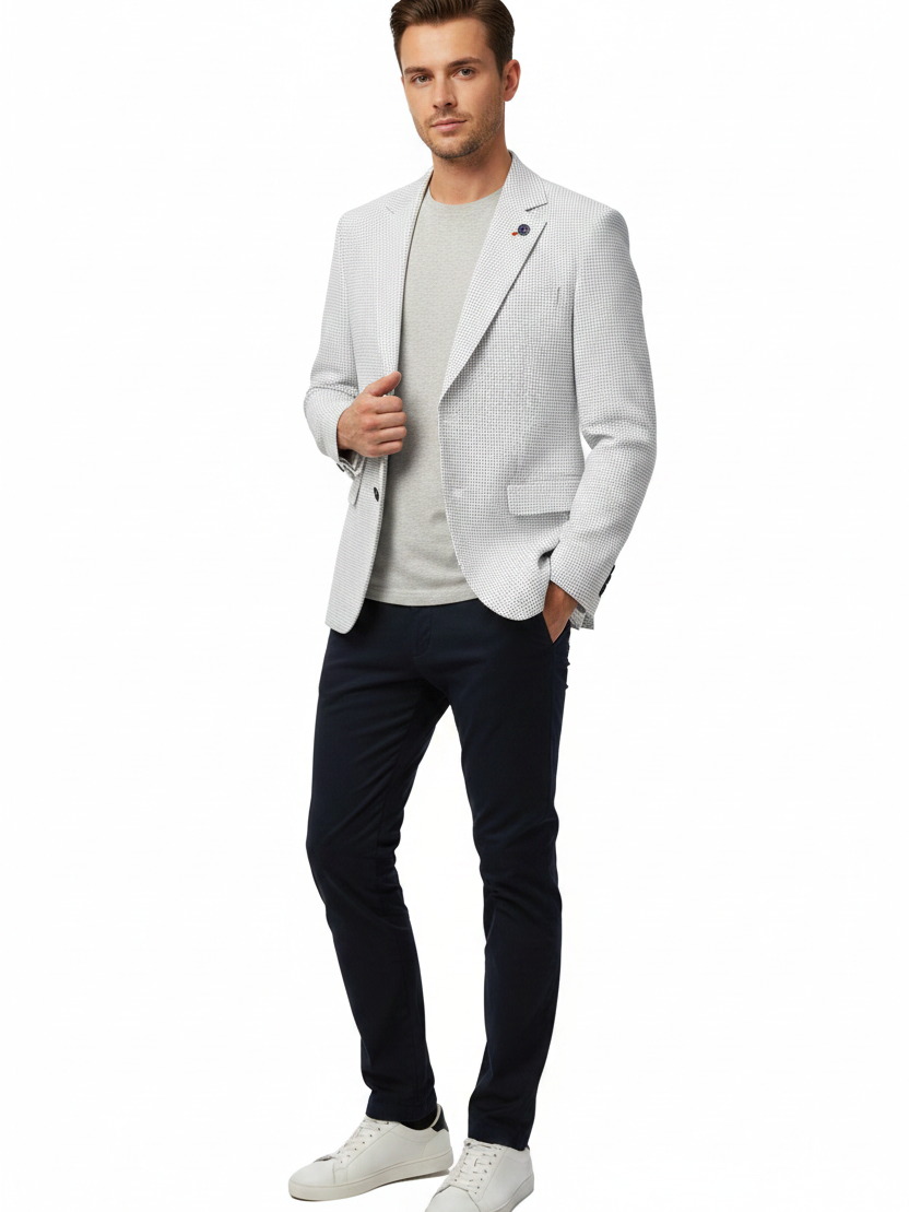 Front 3/4 angle - white textured blazer on model
