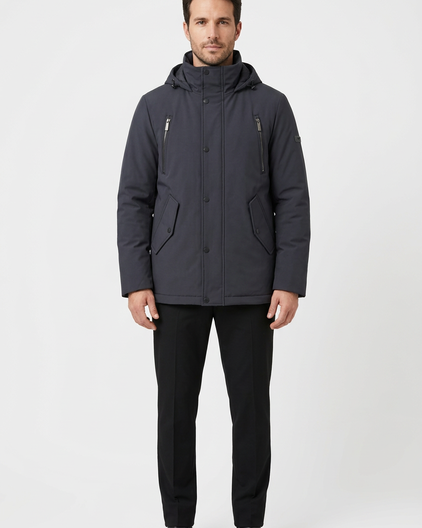 Granite Navy winter jacket on model, front view