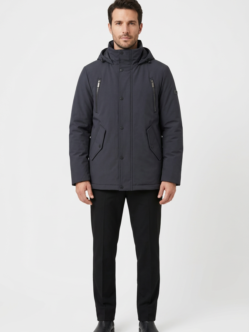 Granite Navy winter jacket on model, front view