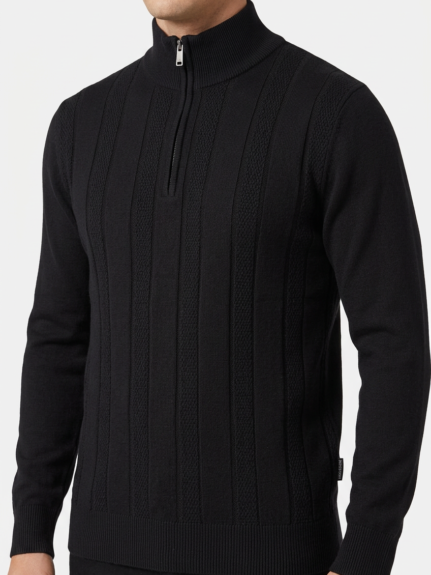 Mist Black pullover quarter-zip and knit detail on model