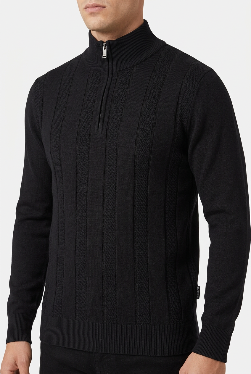 Mist Black pullover quarter-zip and knit detail on model