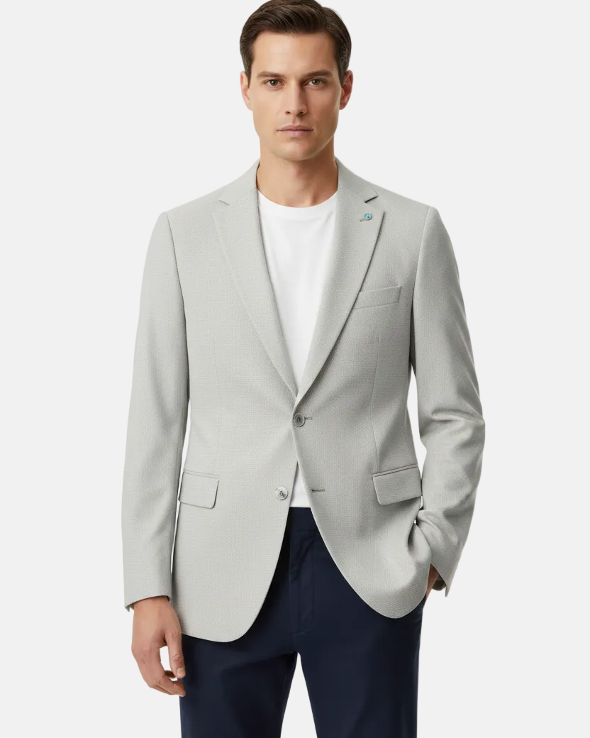Front view - light grey micro-check blazer on model