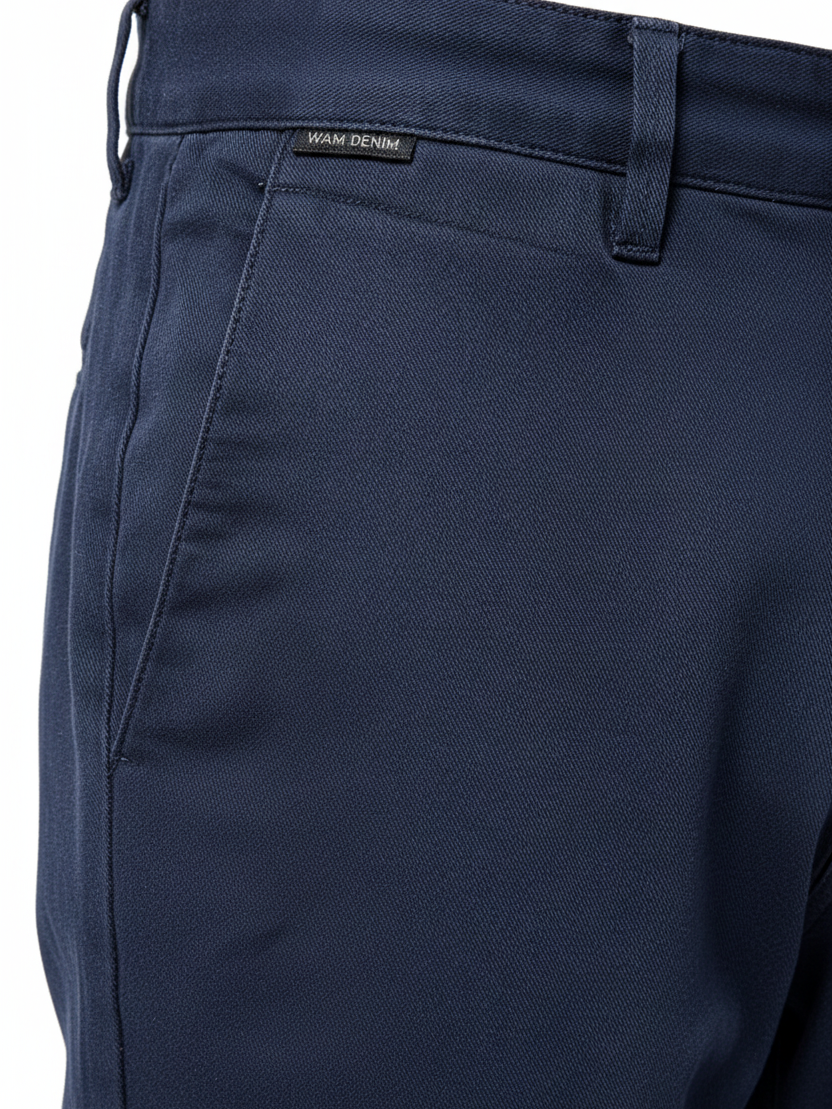 Wam Denim Jorell Navy Chino – waistband, belt loops and front pocket detail