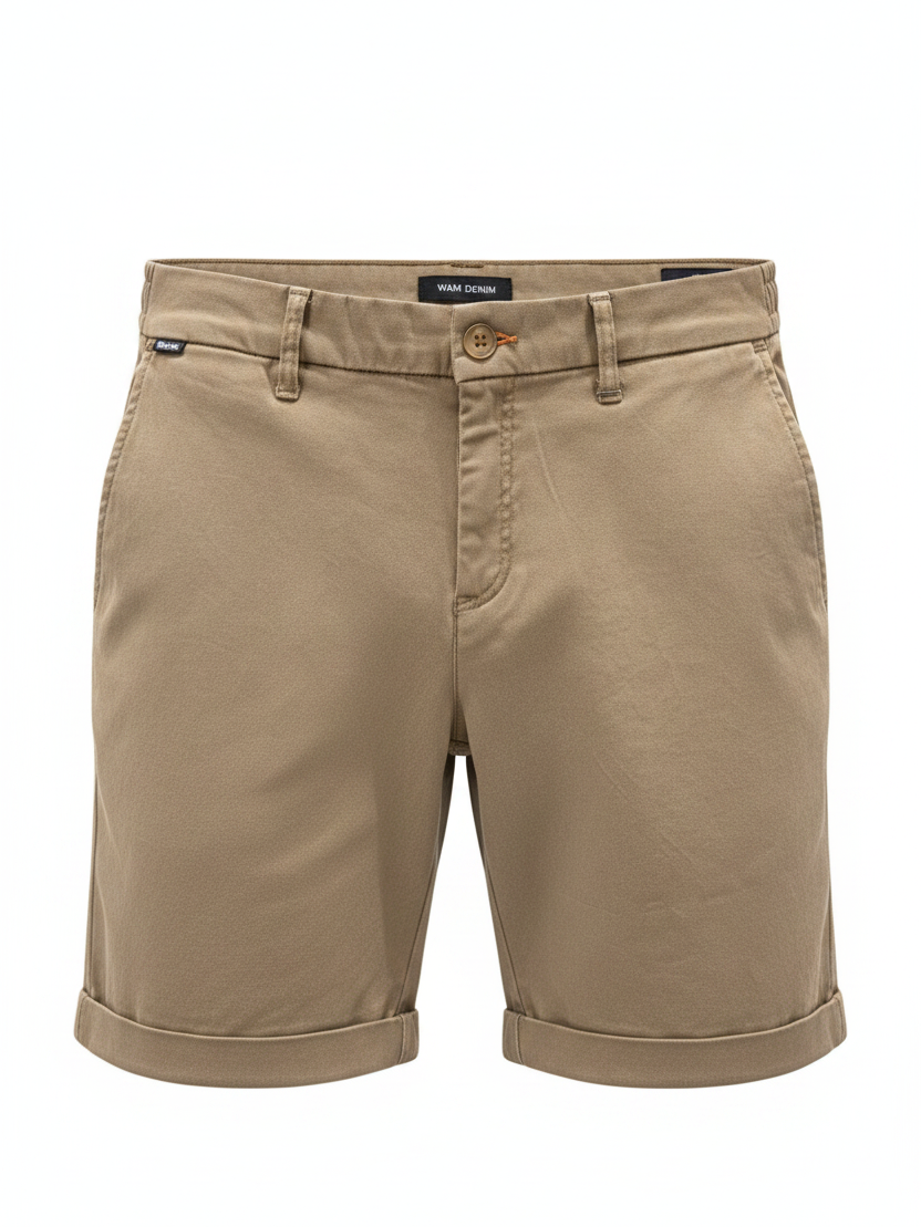 Wam Denim Kelden Dark Beige Chino Shorts – waistband, belt loops and front pocket detail