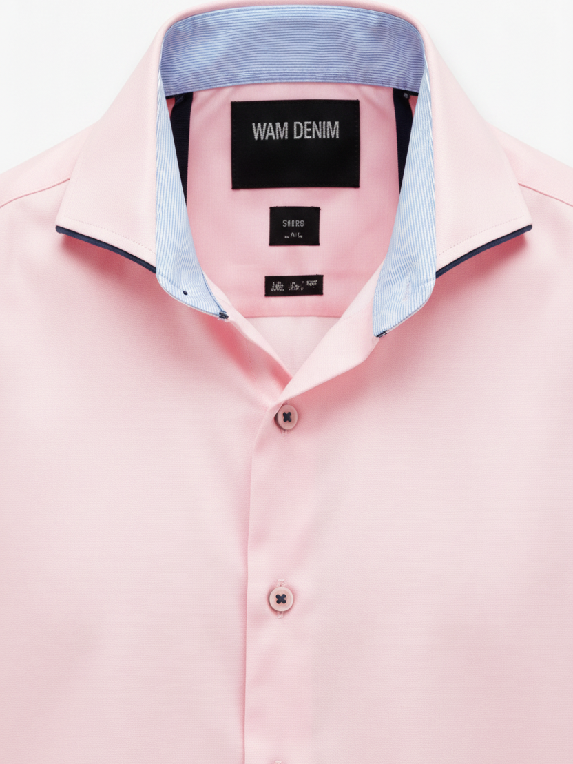 Wam Denim Seldor Pink Shirt – spread collar with light blue contrast inner lining close-up
