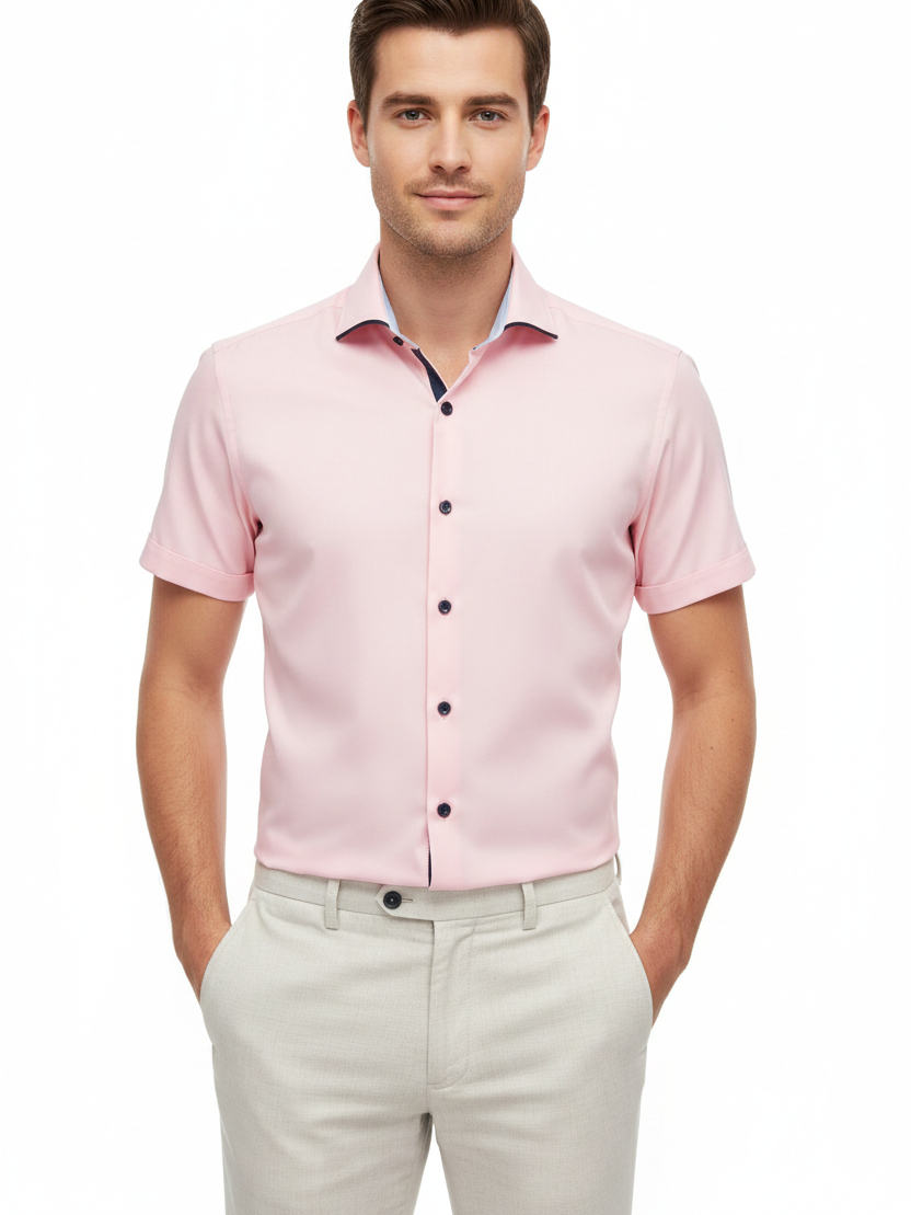 Wam Denim Seldor Pink Short Sleeve Shirt – model front view, tucked in