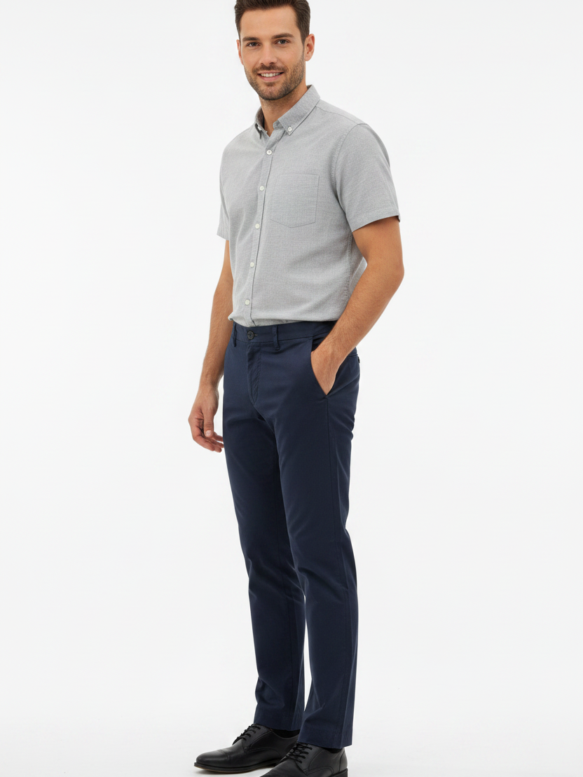 Wam Denim Jorell Navy Chino – side view showing tapered leg silhouette on model