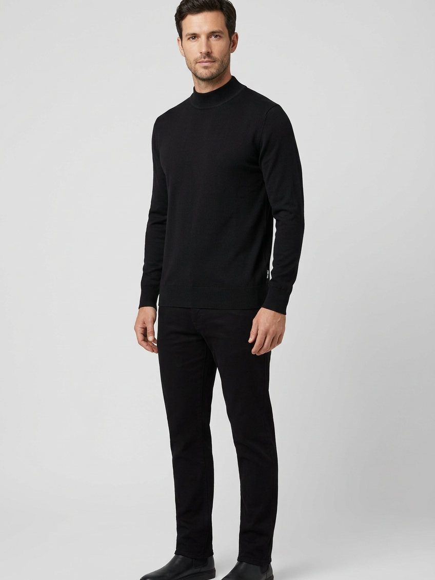 Lux Black pullover on model, side view