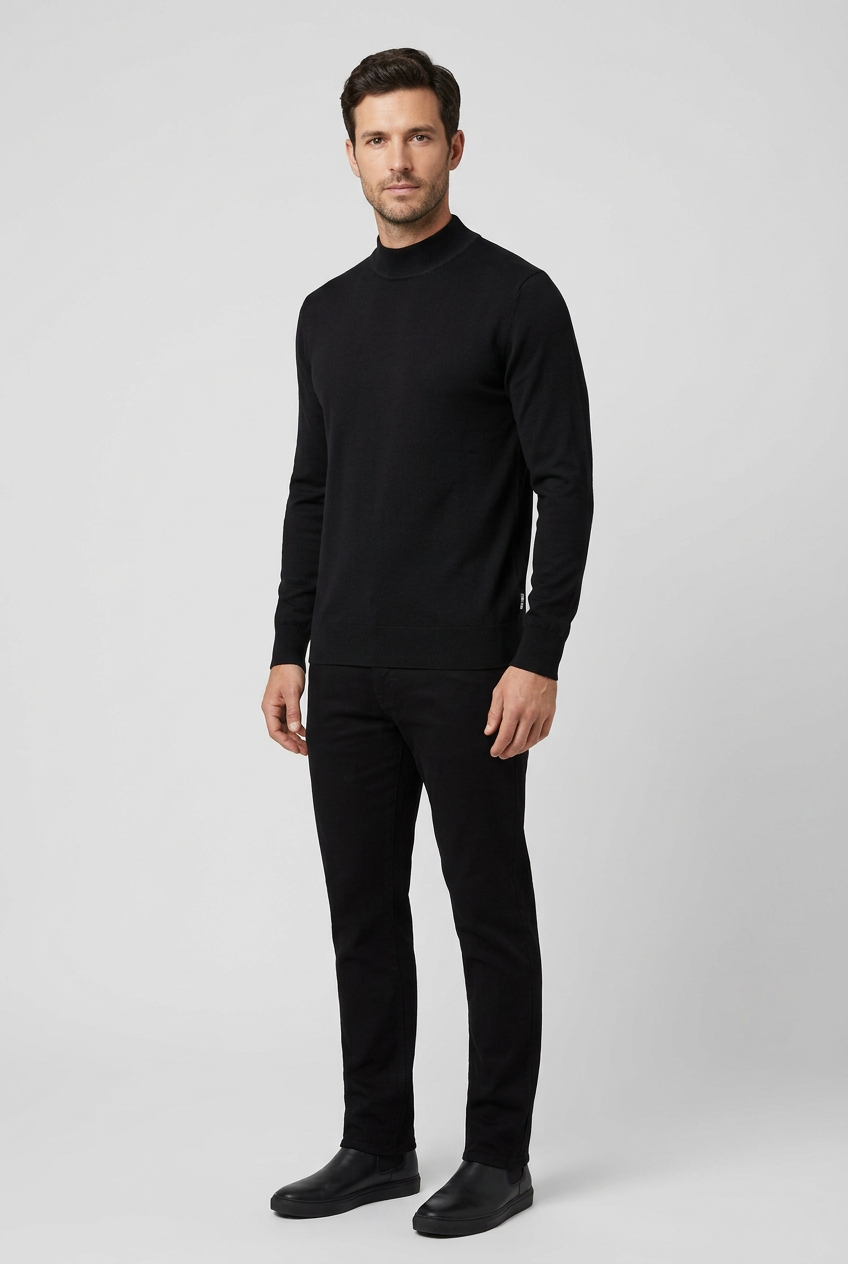 Lux Black pullover on model, side view