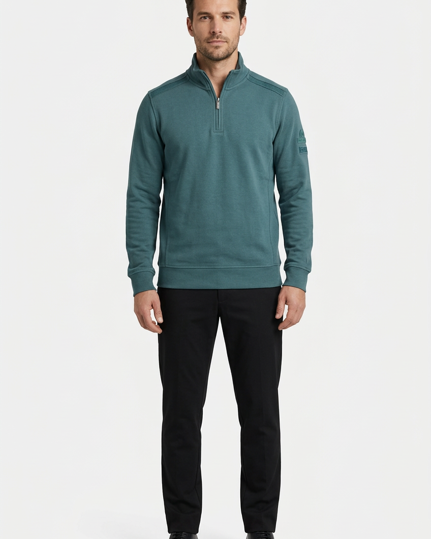 Nerik Petrol sweater on model, front view