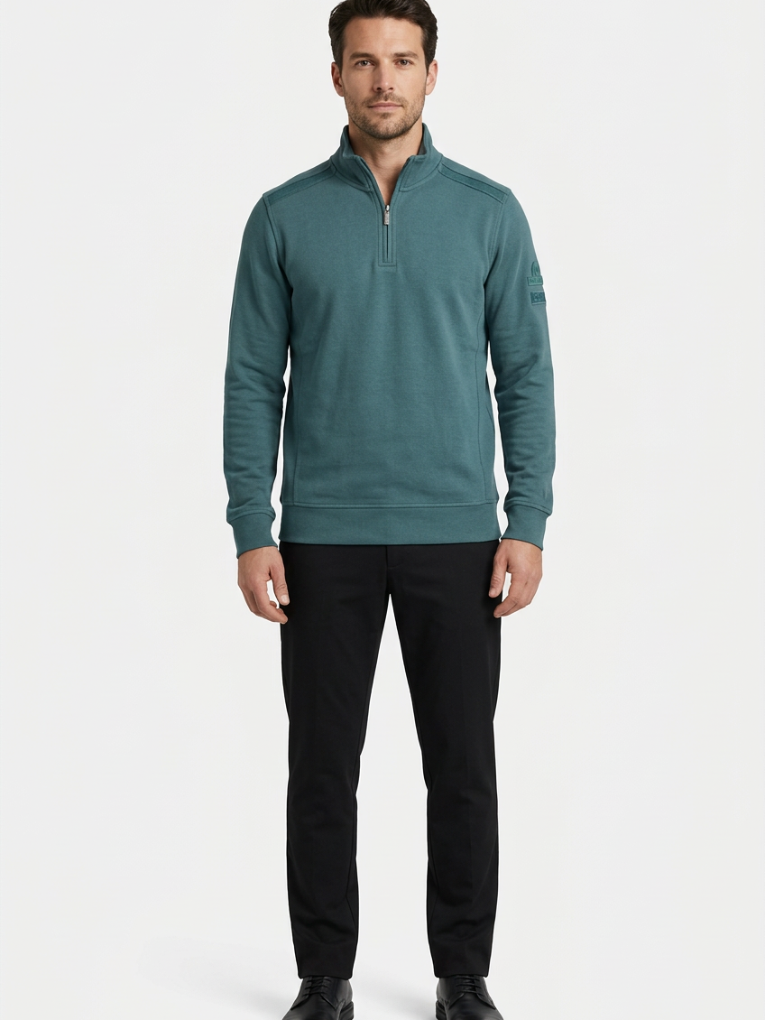 Nerik Petrol sweater on model, front view