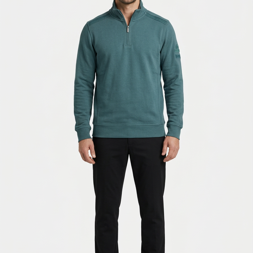 Nerik Petrol sweater on model, front view