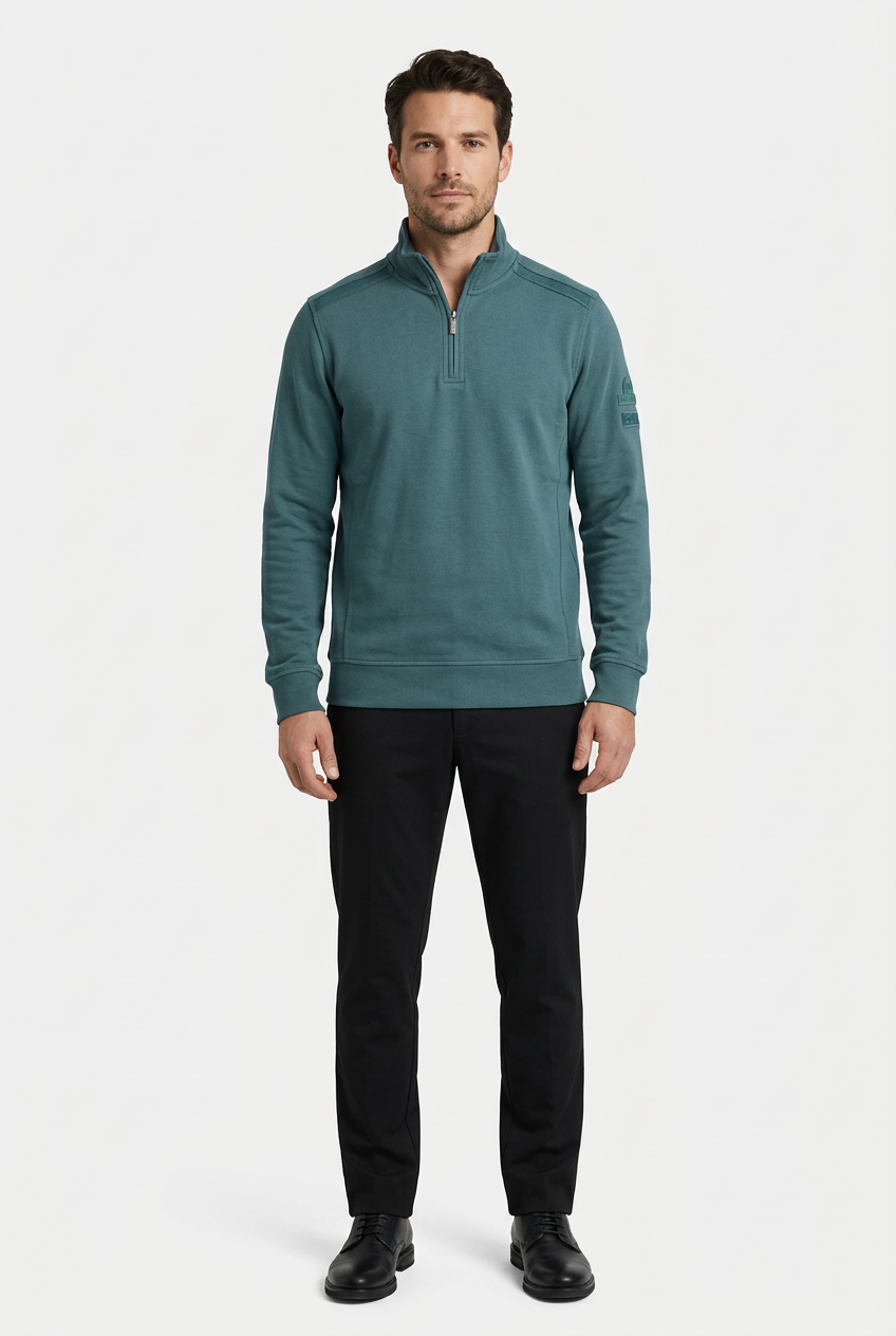 Nerik Petrol sweater on model, front view