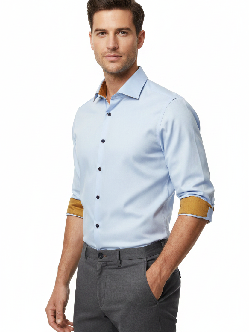 Wam Denim Ordin Light Blue Long Sleeve Shirt – three-quarter view on model