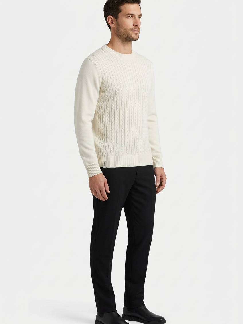 Poise Off White pullover on model, side view