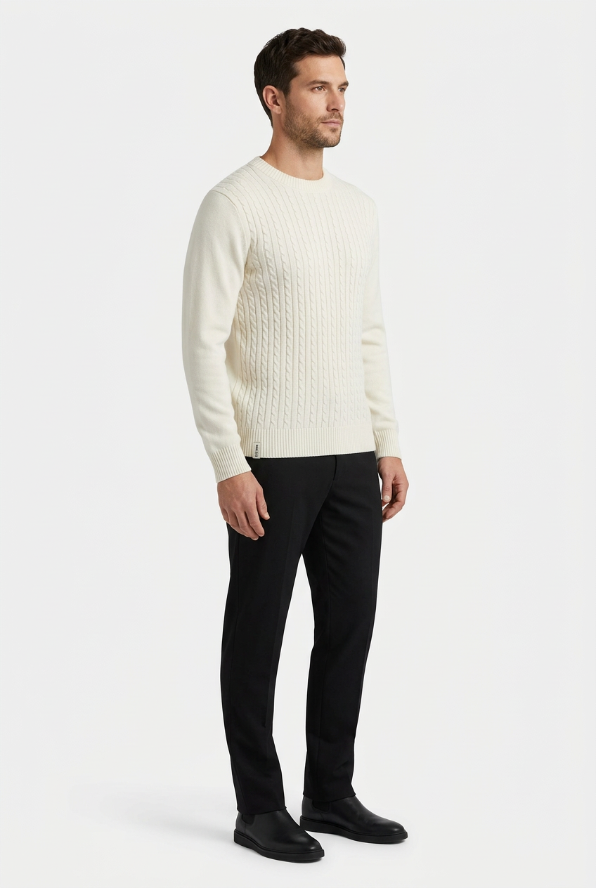 Poise Off White pullover on model, side view
