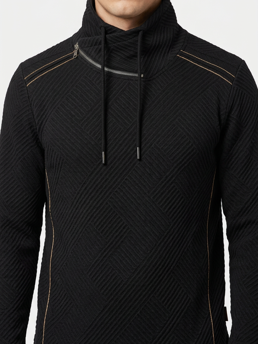 Kavrix Black sweater collar zip and textured fabric detail on model