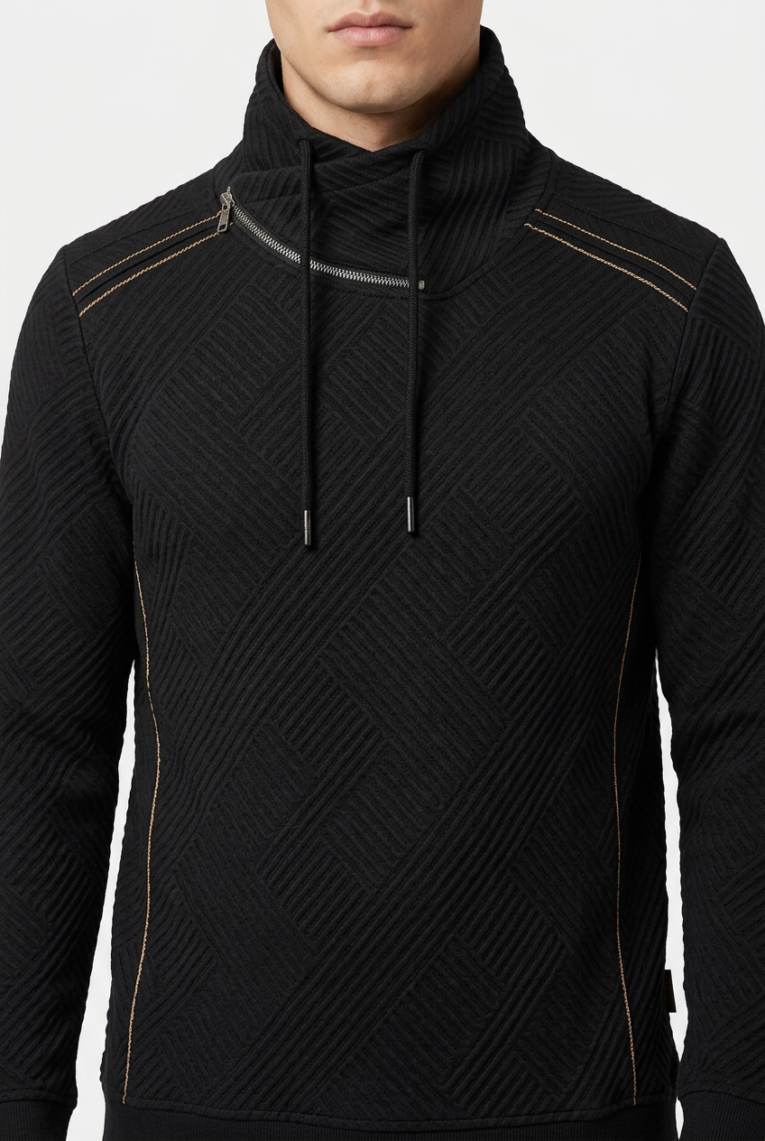 Kavrix Black sweater collar zip and textured fabric detail on model