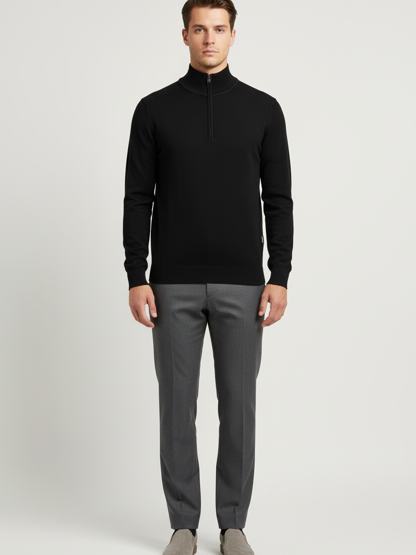 Male model wearing the Wam Denim Sharp black quarter-zip knit sweater, front view
