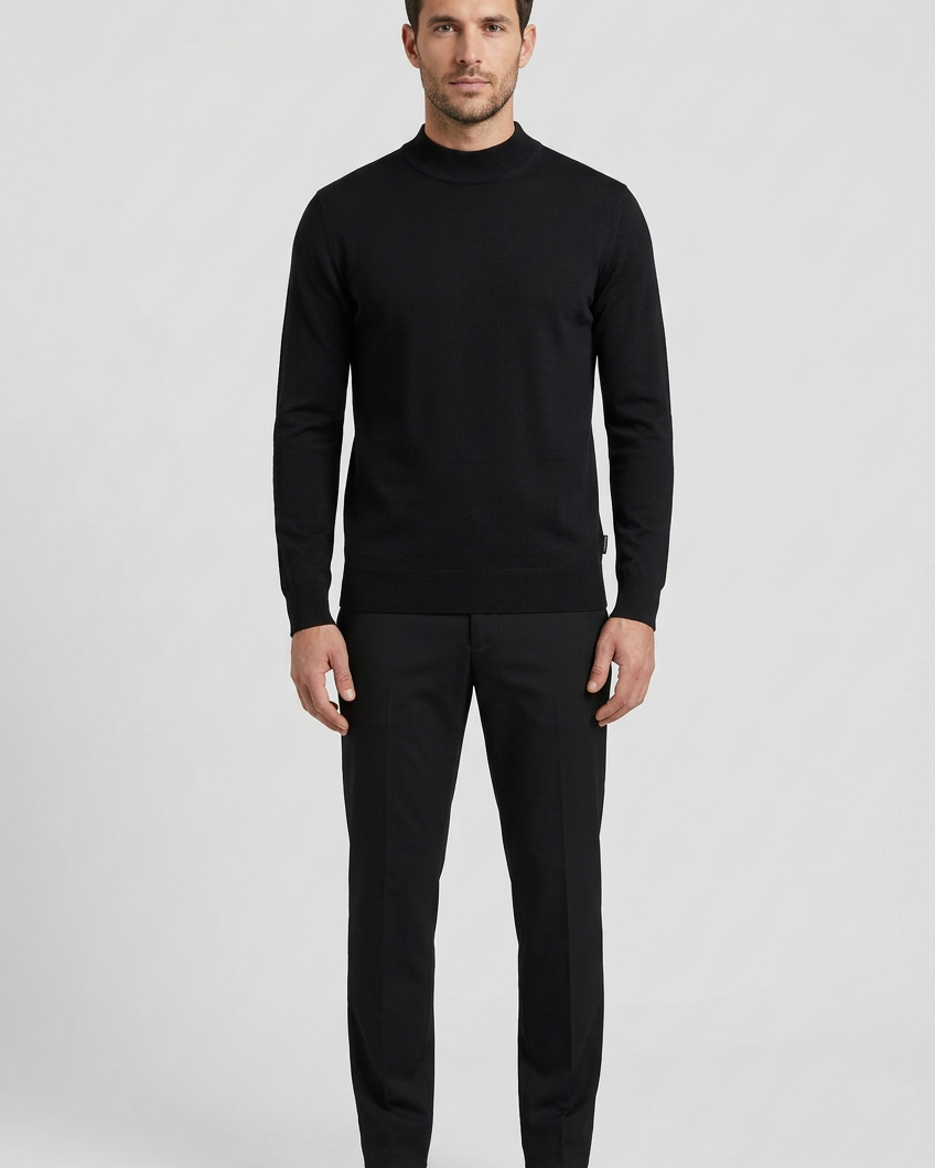 Lux Black pullover on model, front view