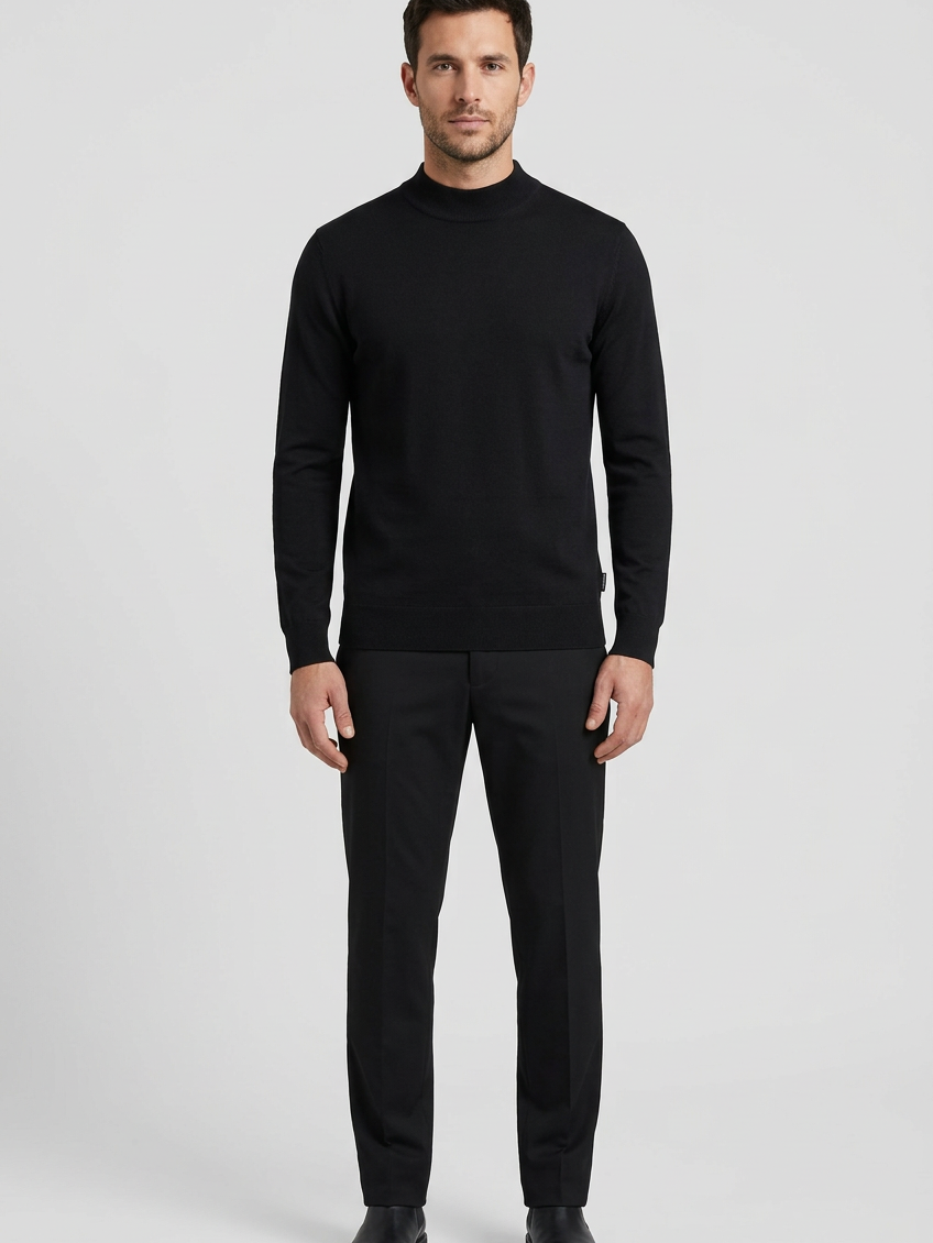 Lux Black pullover on model, front view