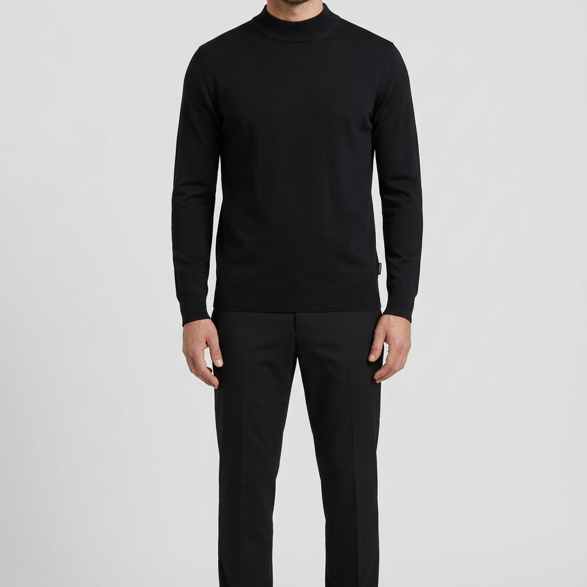 Lux Black pullover on model, front view