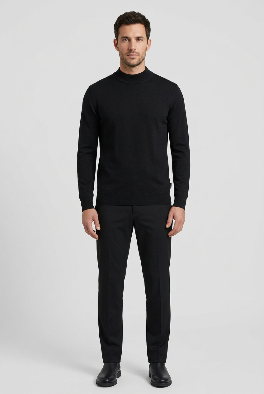 Lux Black pullover on model, front view