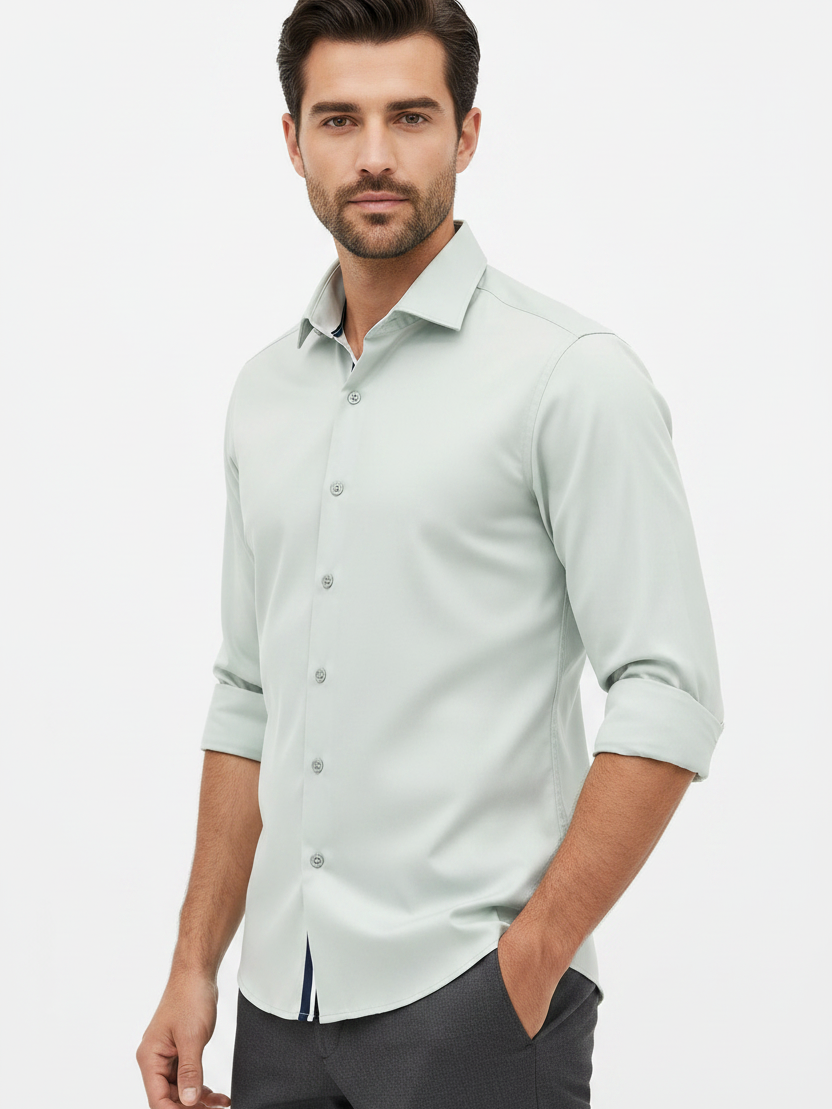 Wam Denim Kalden Light Menthol Long Sleeve Shirt – three-quarter view on model