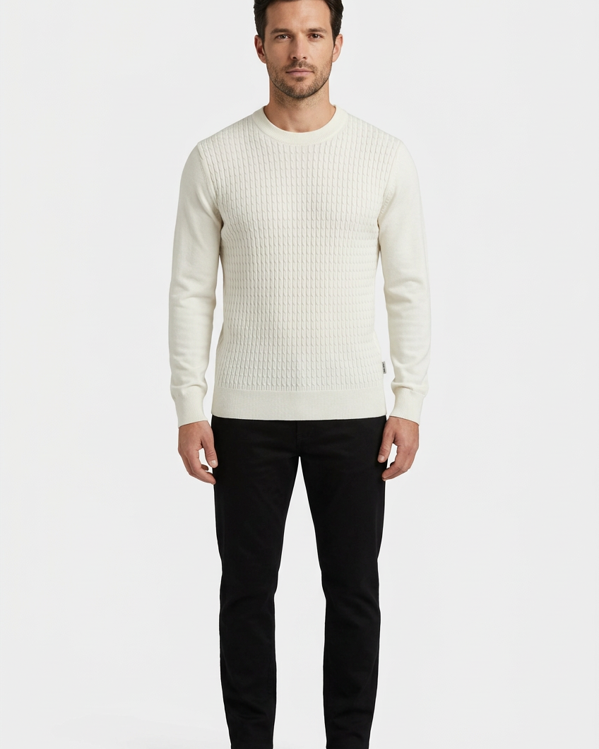 Poise Off White pullover on model, front view