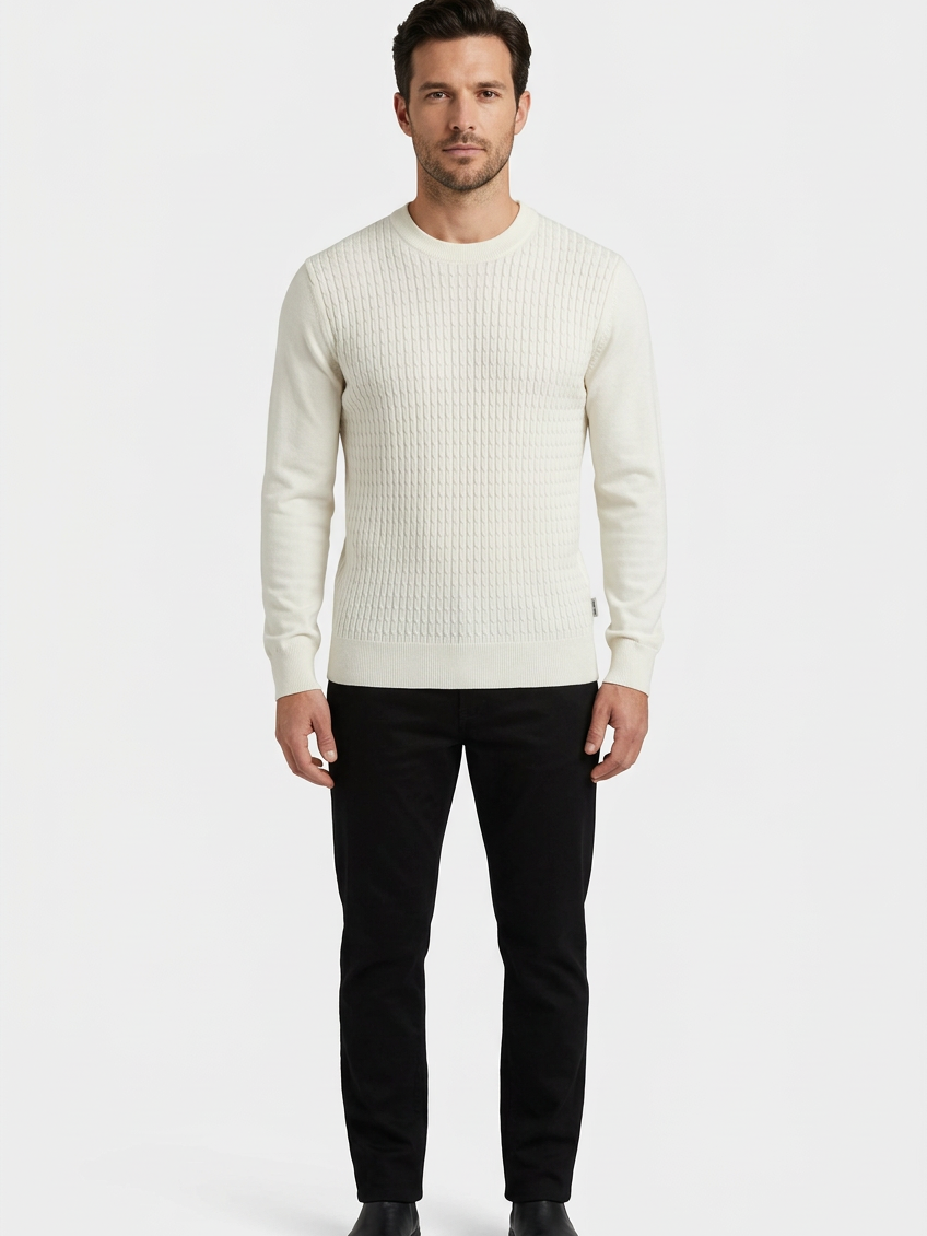 Poise Off White pullover on model, front view