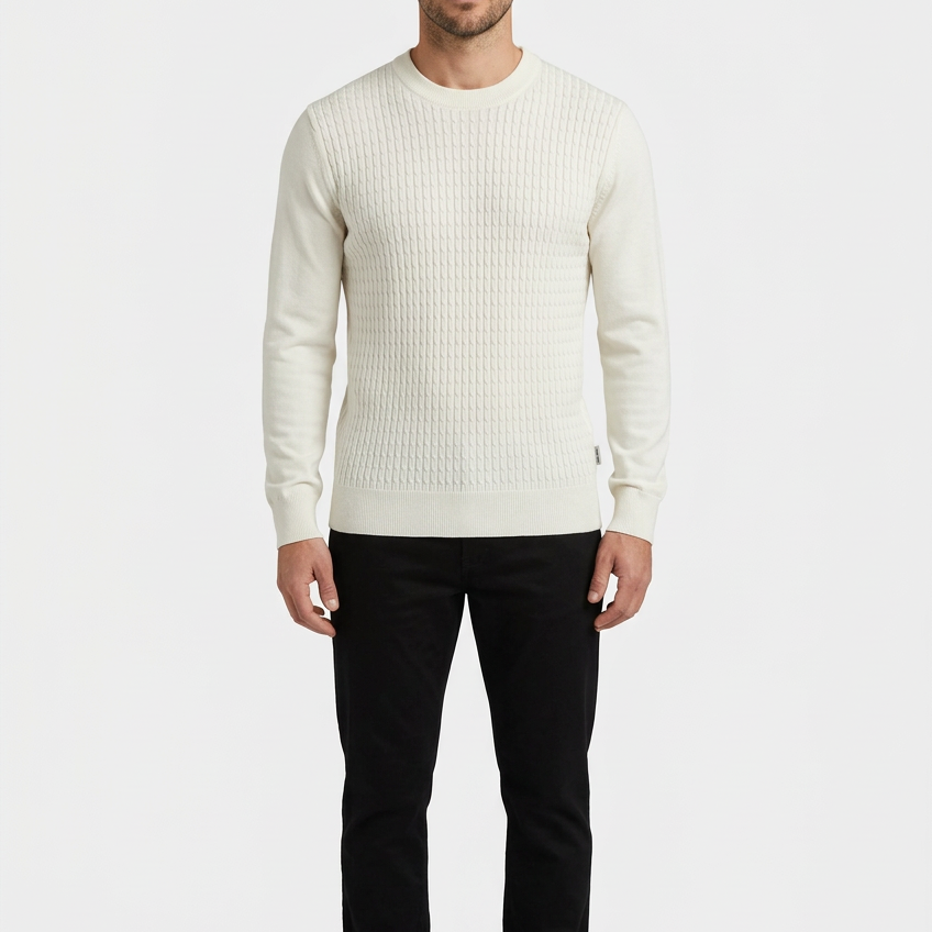 Poise Off White pullover on model, front view