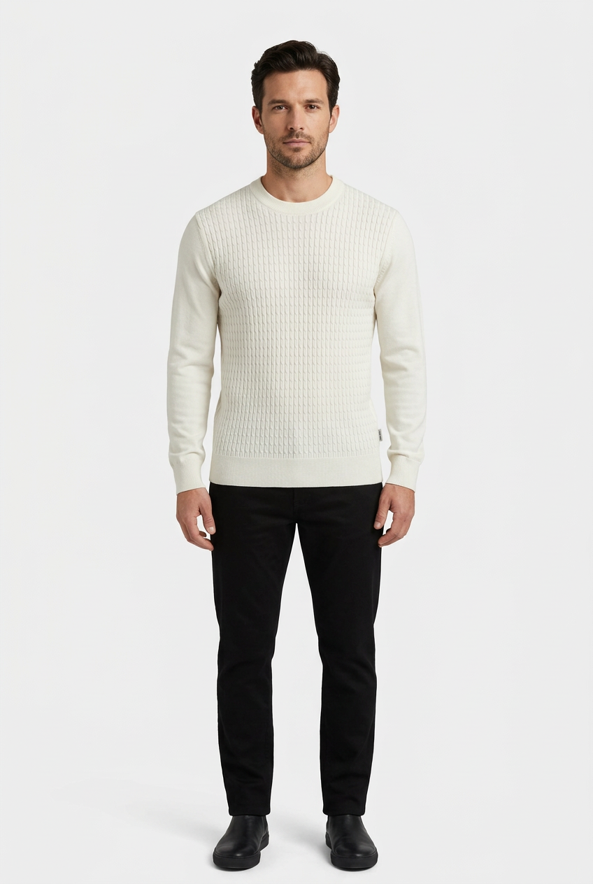 Poise Off White pullover on model, front view