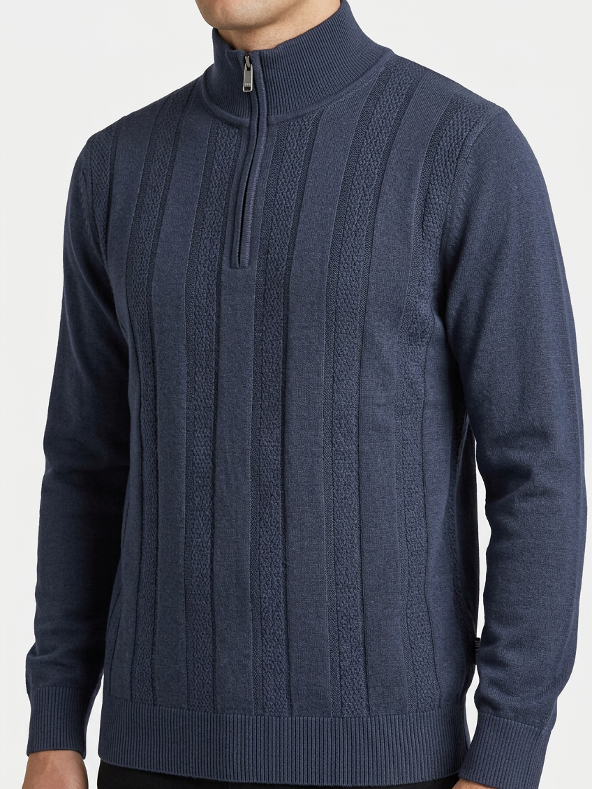 Mist Navy pullover quarter-zip and knit detail on model