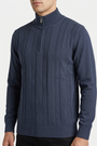 Mist Navy pullover quarter-zip and knit detail on model