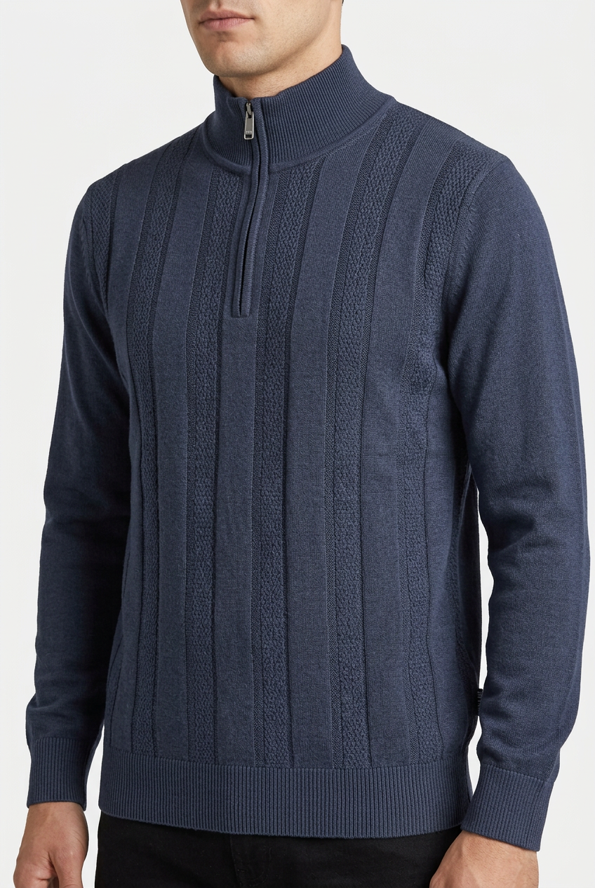 Mist Navy pullover quarter-zip and knit detail on model