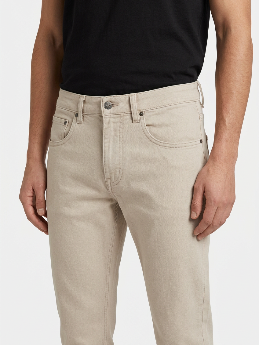 Grelix Light Beige jeans waistband and pocket detail on model