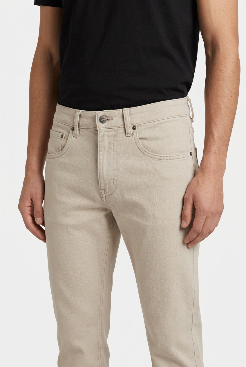 Grelix Light Beige jeans waistband and pocket detail on model
