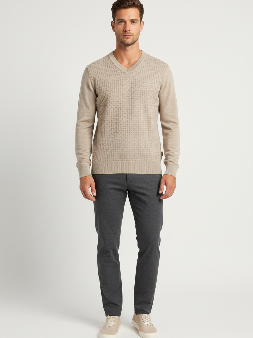 Male model wearing the Wam Denim Forge beige textured V-neck sweater, front view