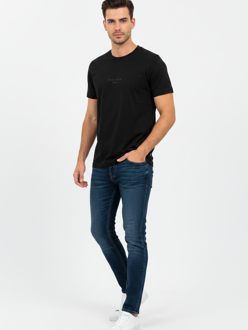 Wam Denim Cromer Black T-shirt – three-quarter view on model