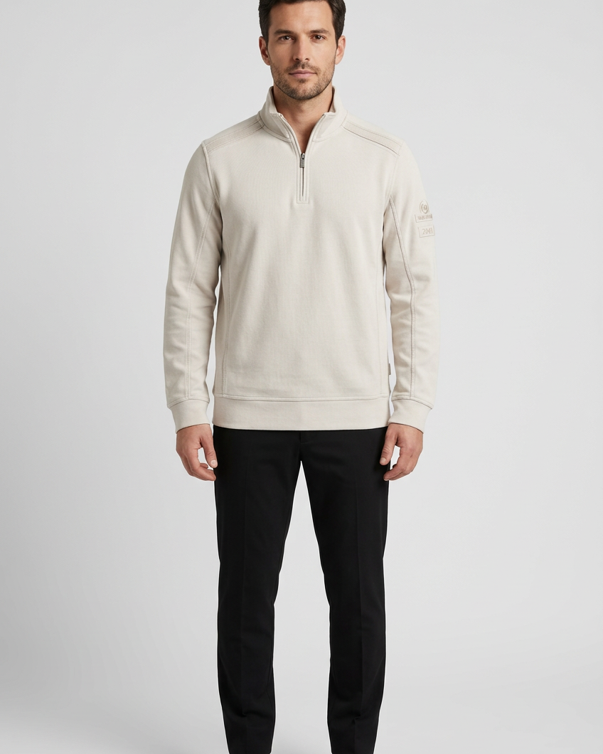 Nerik Light Beige sweater on model, front view
