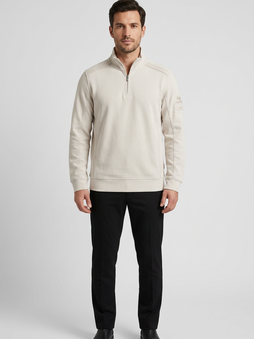 Nerik Light Beige sweater on model, front view