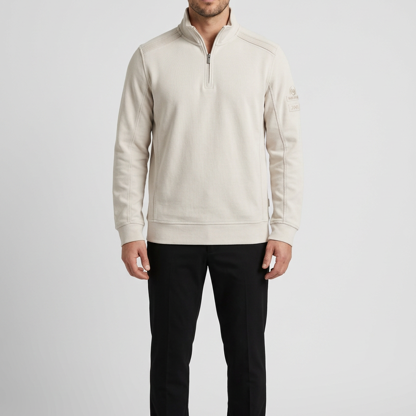 Nerik Light Beige sweater on model, front view