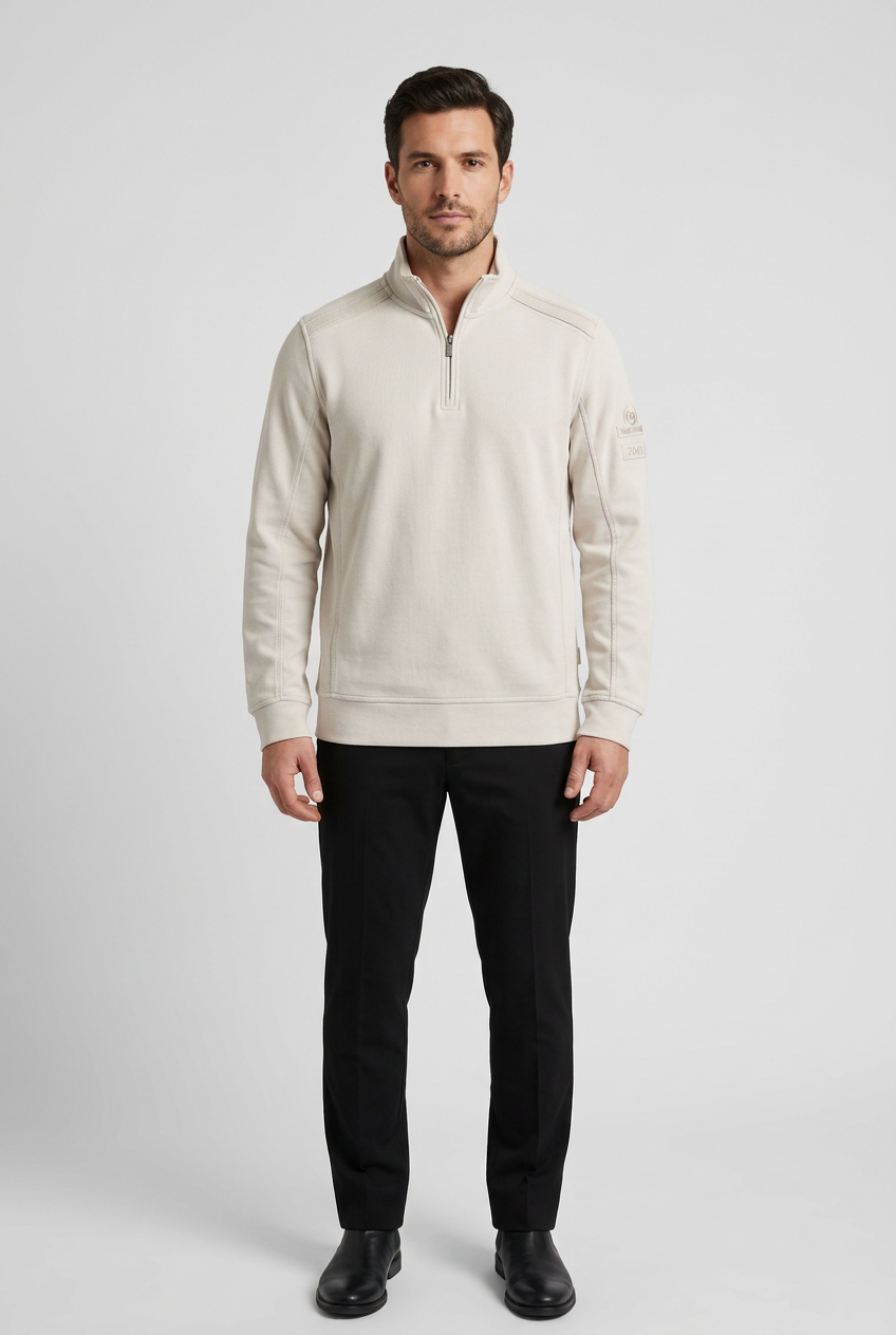 Nerik Light Beige sweater on model, front view