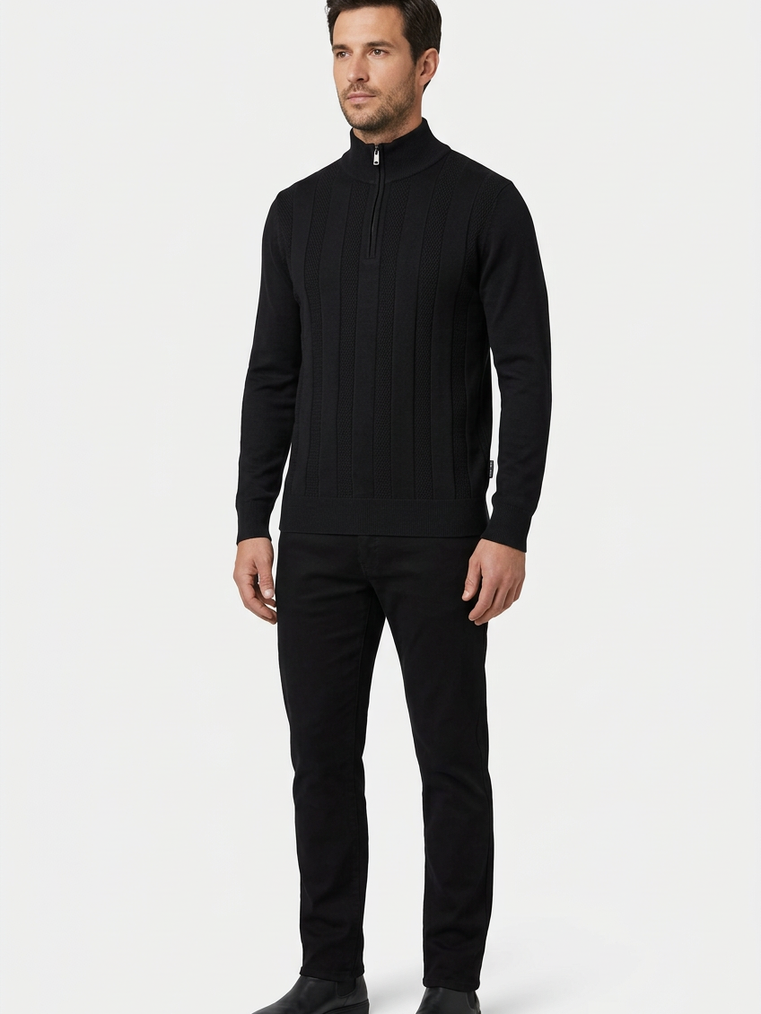 Mist Black pullover on model, side view