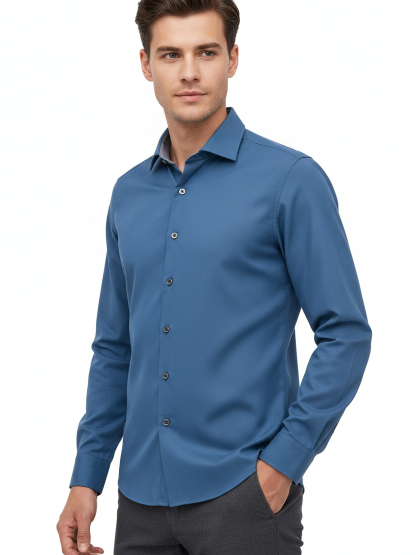 Wam Denim Vuric Petrol Long Sleeve Shirt – three-quarter view on model